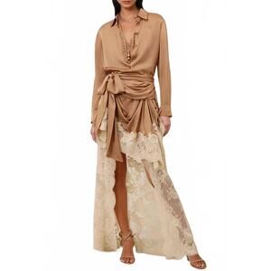 NEW RELVOUX women's pascale satin floral shirt and skirt set in brown